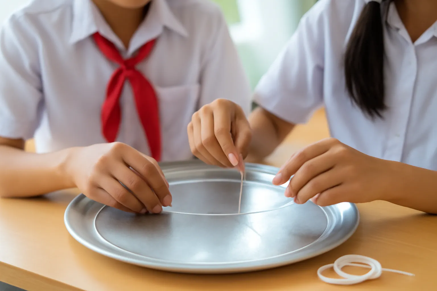 Hai học sinh đo chu vi chiếc mâm tròn bằng sợi dây