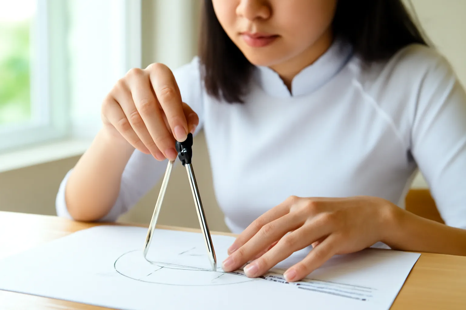 Nữ sinh dùng compa và thước vẽ góc trên giấy trắng bên cửa sổ