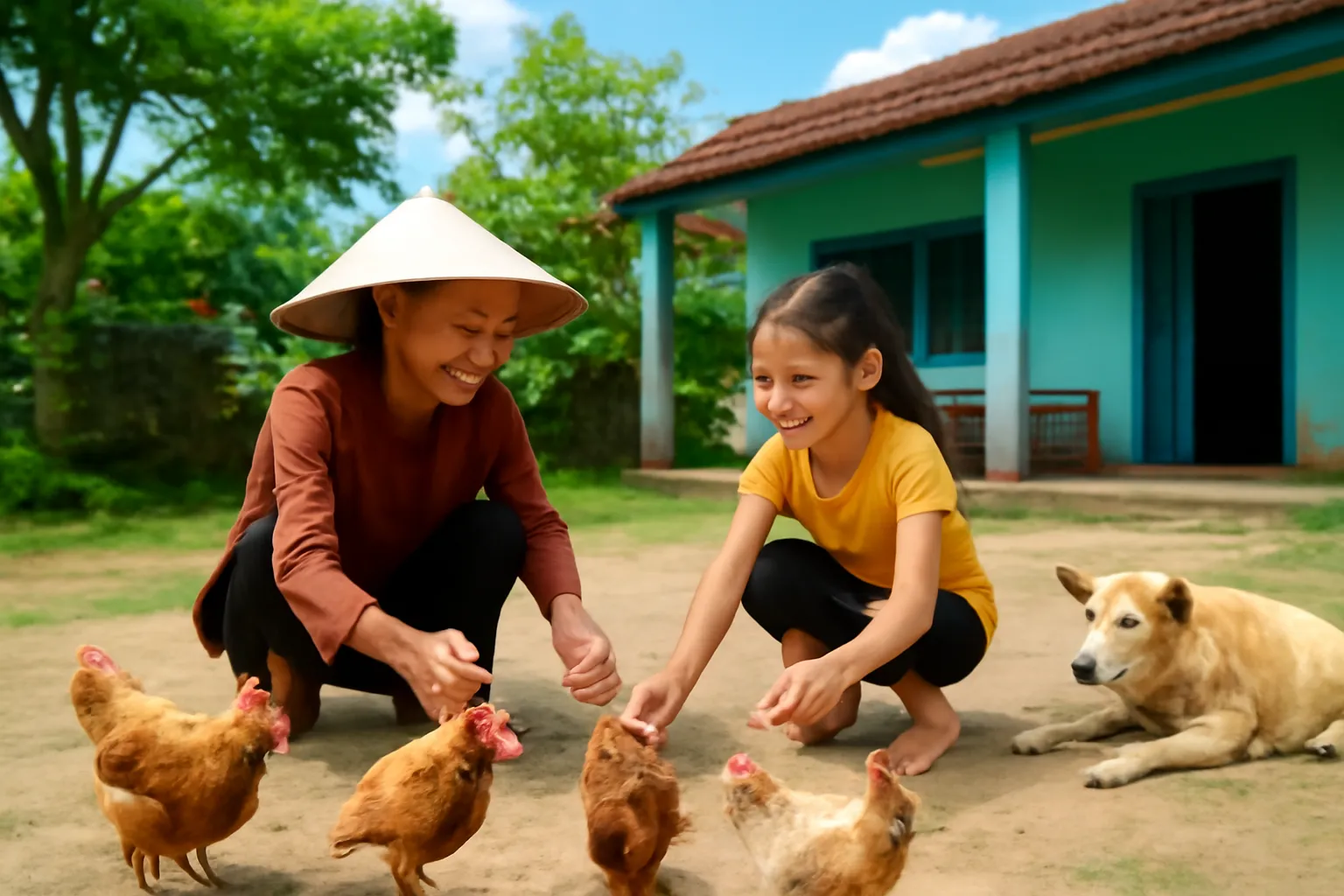Bà ngồi kể bài toán cho cháu bên đàn gà ngoài sân