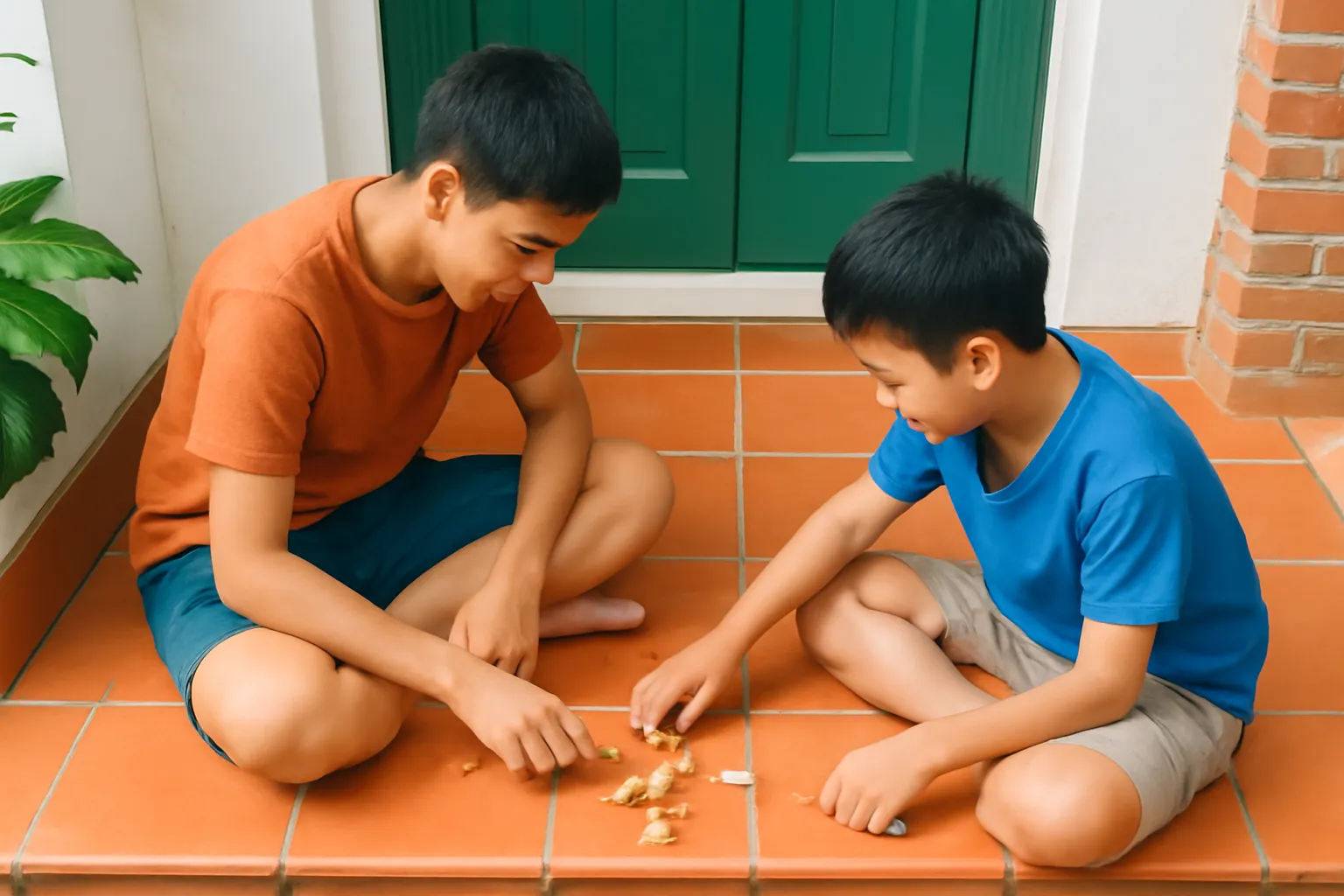 Hai anh em chơi bốc sỏi trên bậc thềm nhà