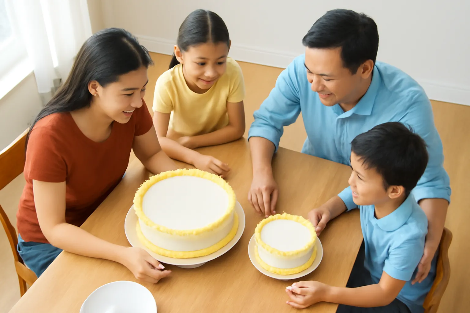 Gia đình đặt hai chiếc bánh tròn to nhỏ cạnh nhau trên bàn ăn