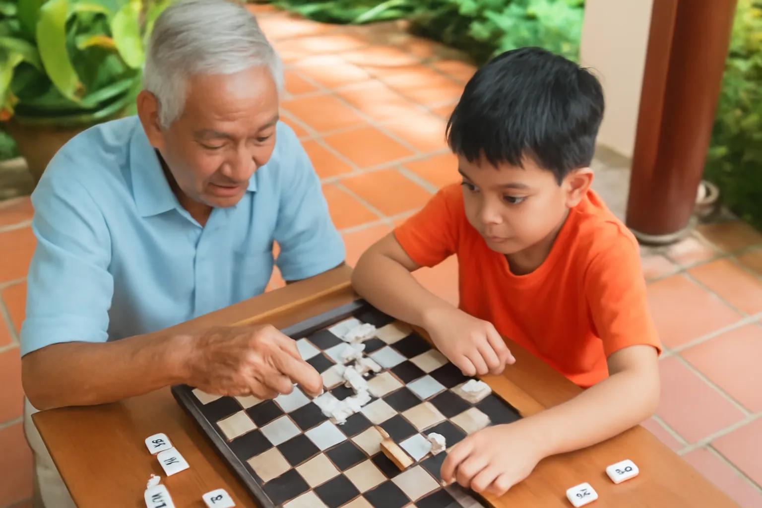 Ông và cháu đặt quân domino lên bàn cờ vua ở hiên nhà