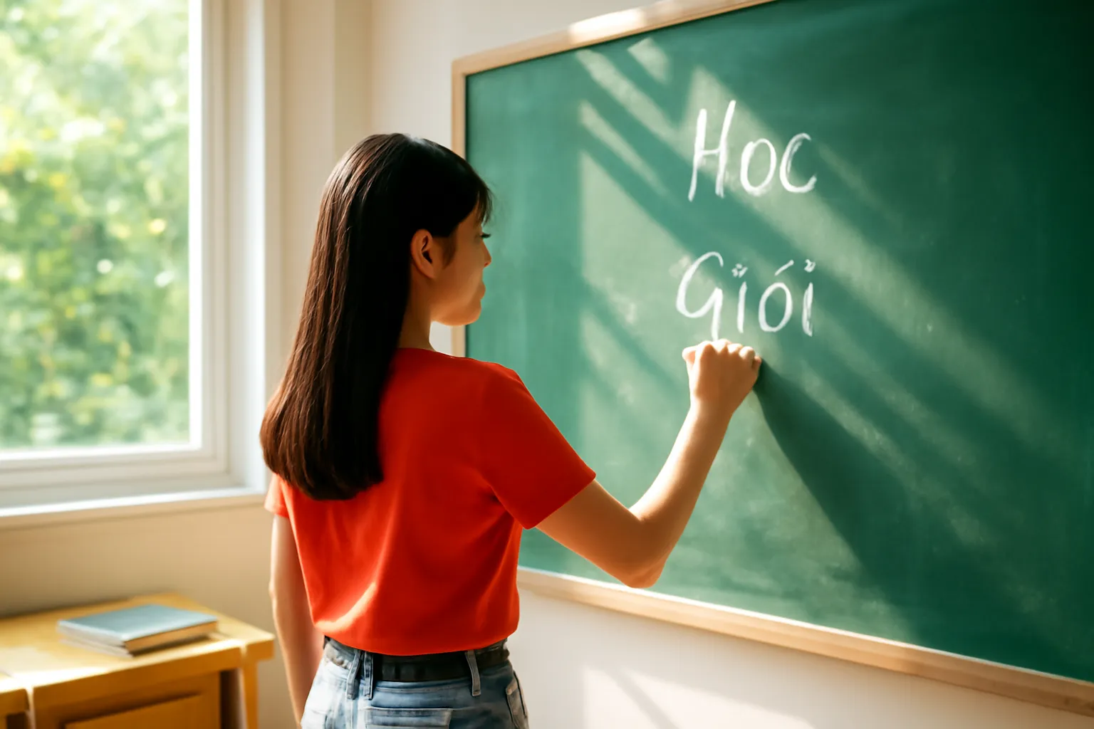 Học sinh viết bất đẳng thức trên bảng phấn trong phòng học đội tuyển