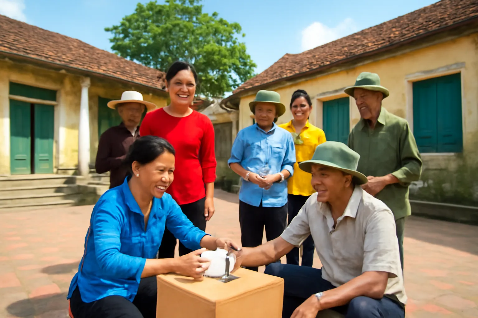 Nhóm người lần lượt rút thăm từ chiếc hộp giấy ở sân đình