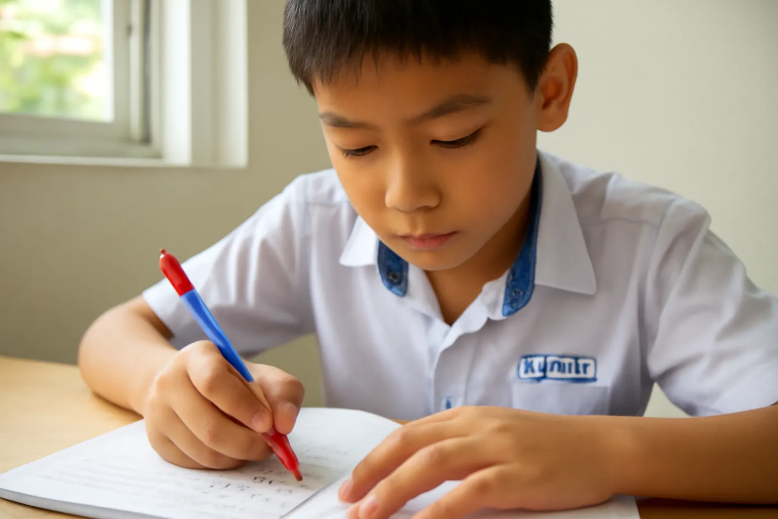 Cậu học sinh gạch chân đề bài toán trong vở bằng bút màu