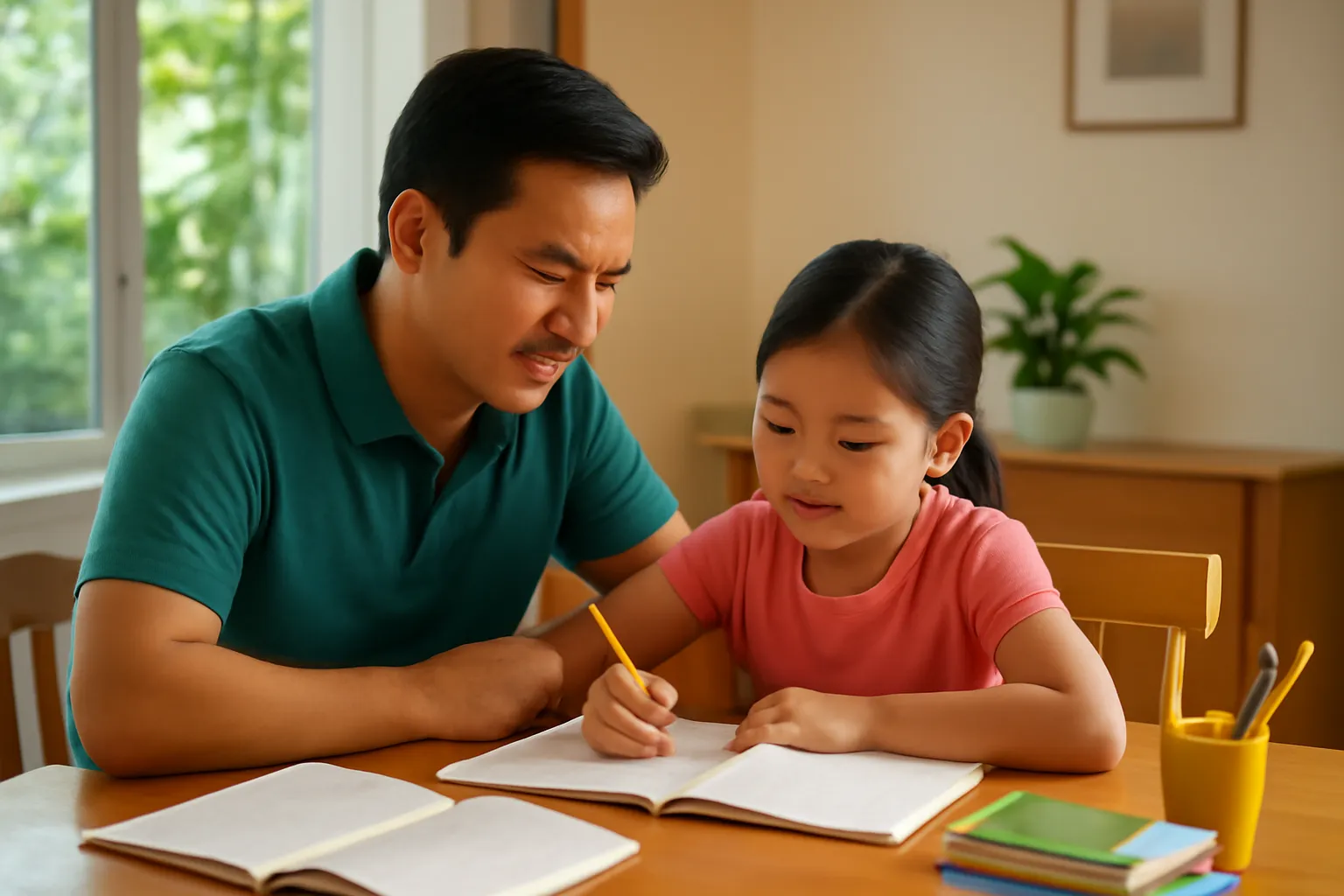 Người cha ngồi cạnh con gái làm bài tập toán ở bàn ăn buổi tối