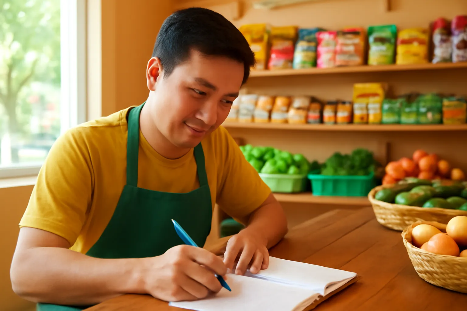 Cô thu ngân viết số vào sổ tay trong cửa hàng tạp hoá