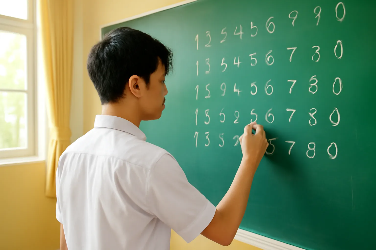 Cậu học sinh viết dãy số lên bảng đen trong lớp học buổi sáng