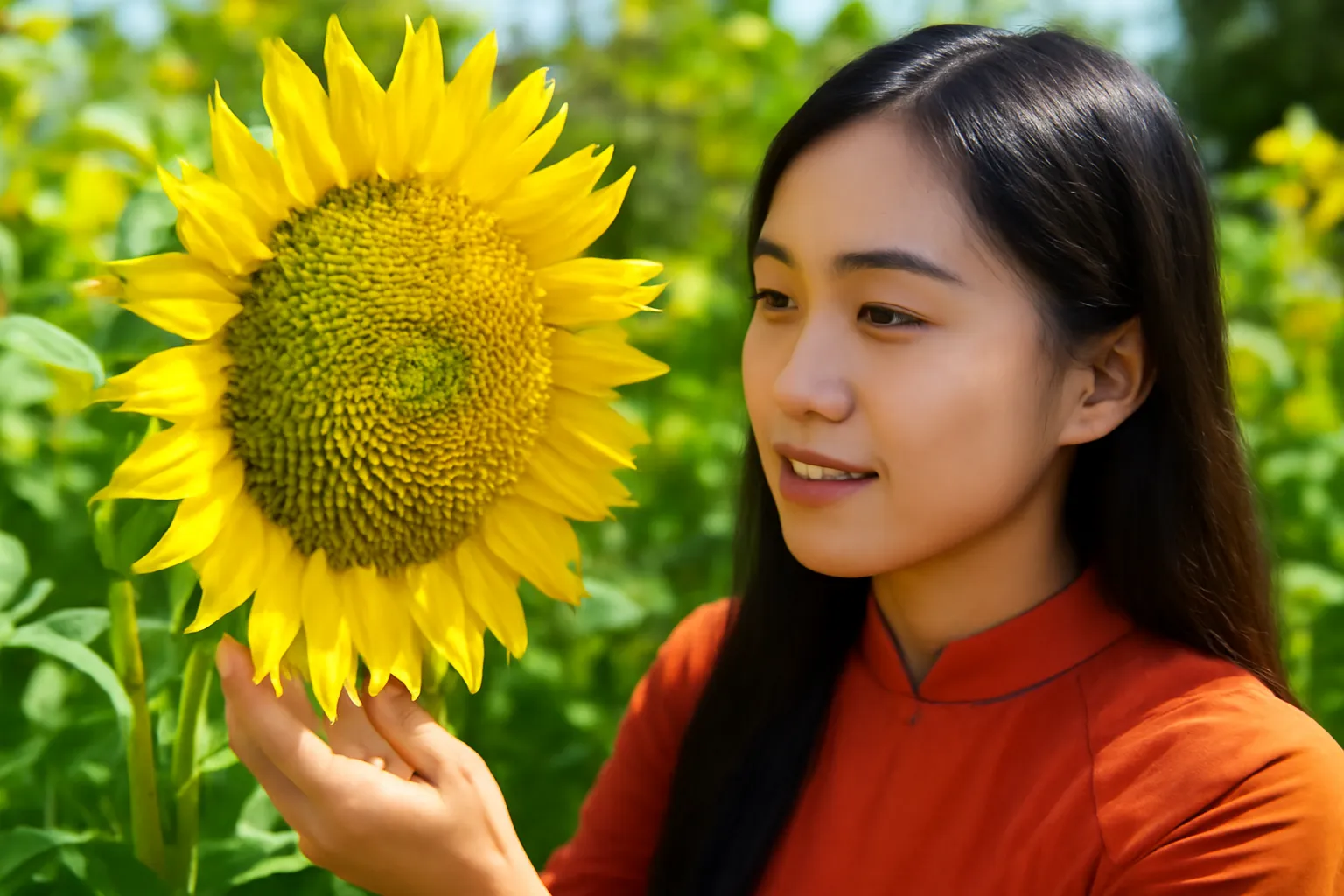 Cô bé đếm vòng xoắn trên bông hướng dương lớn ngoài vườn