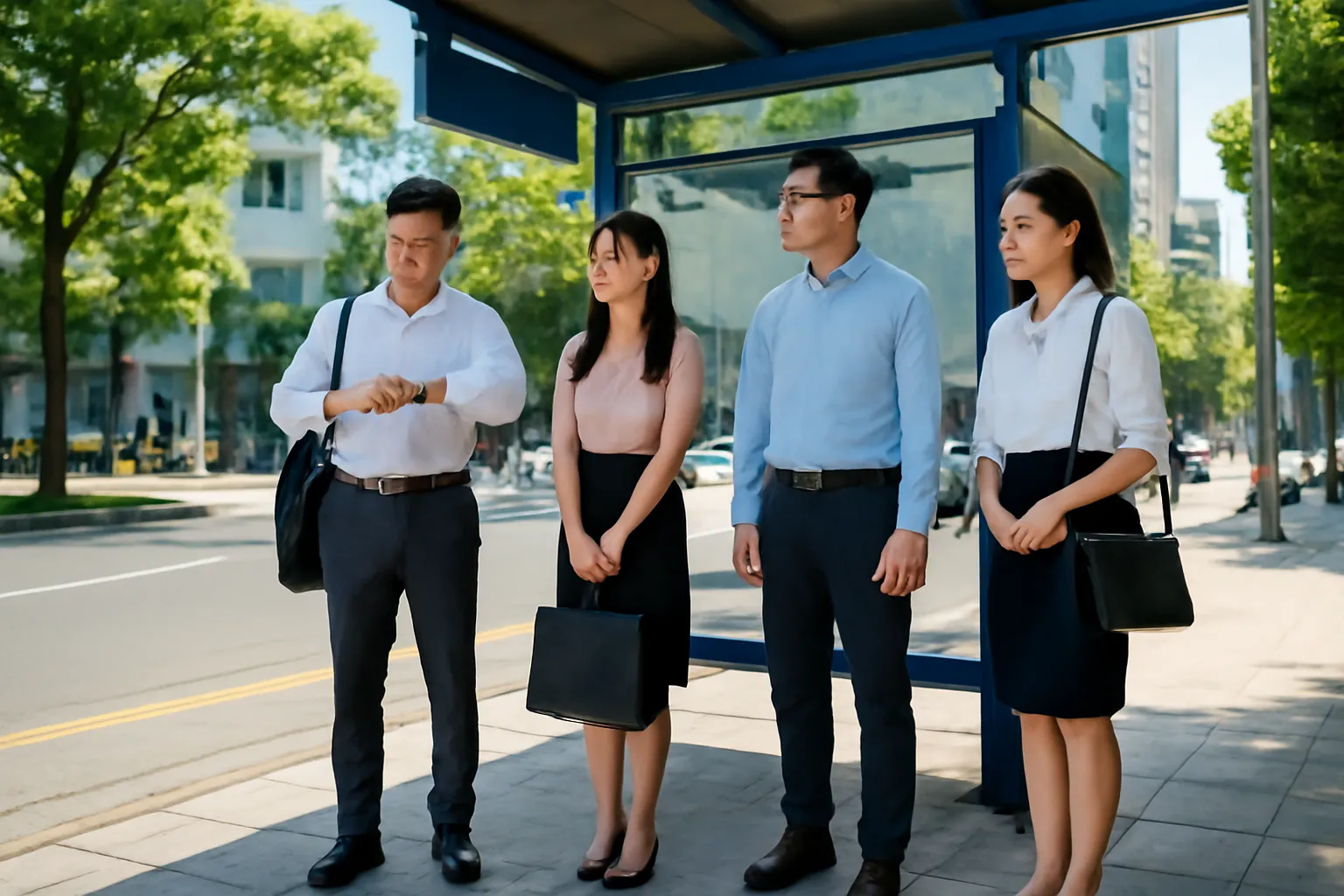 Người đi làm đứng chờ ở trạm xe buýt buổi sáng trên phố