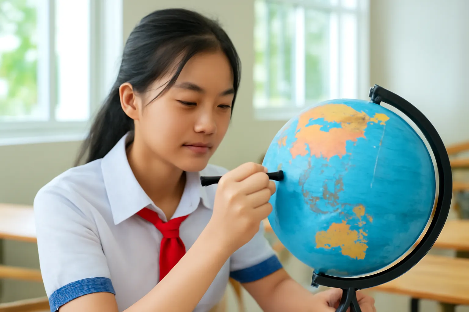 Học sinh vẽ tam giác lên quả địa cầu bằng bút dạ