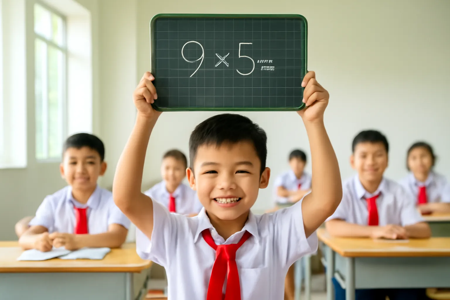 Cậu học trò nhỏ giơ bảng con trong lớp tiểu học