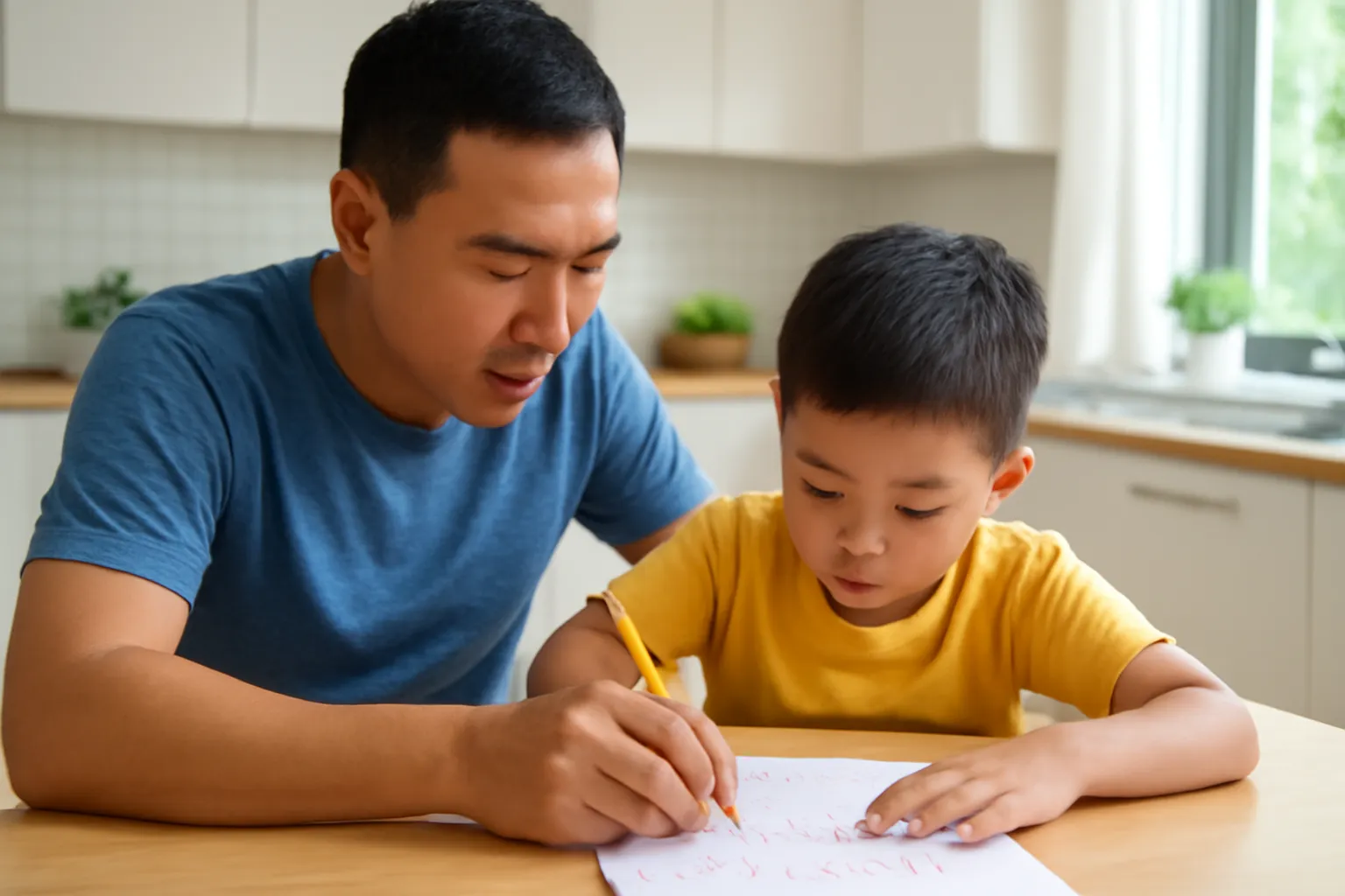 Cha và con trai nhẩm dãy số trên tờ giấy ở bàn ăn
