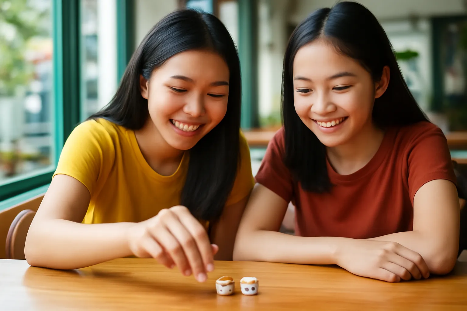 Hai bạn trẻ gieo xúc xắc trên bàn gỗ trong quán cà phê