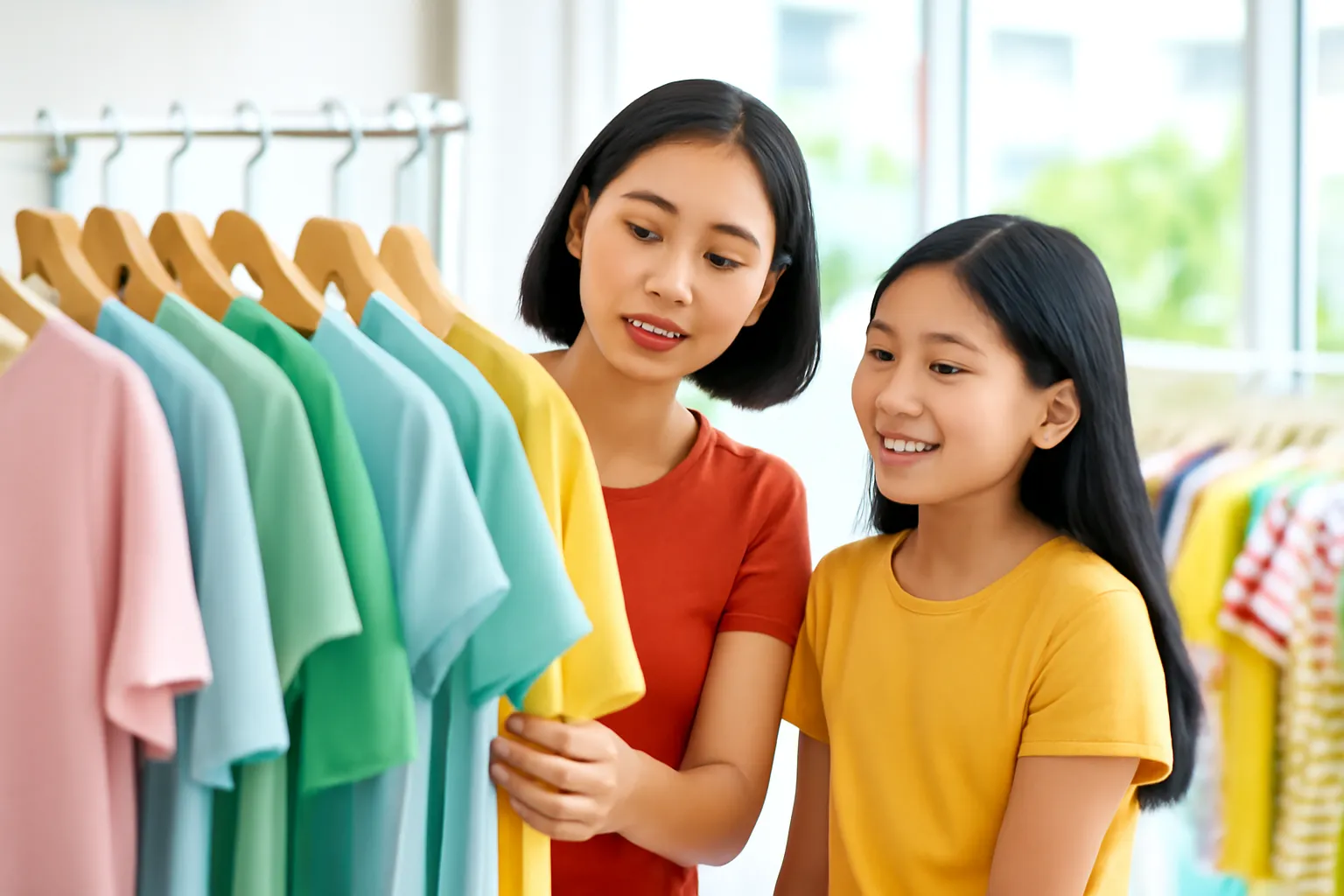 Hai mẹ con xem nhãn giảm giá trên giá quần áo trong cửa hàng
