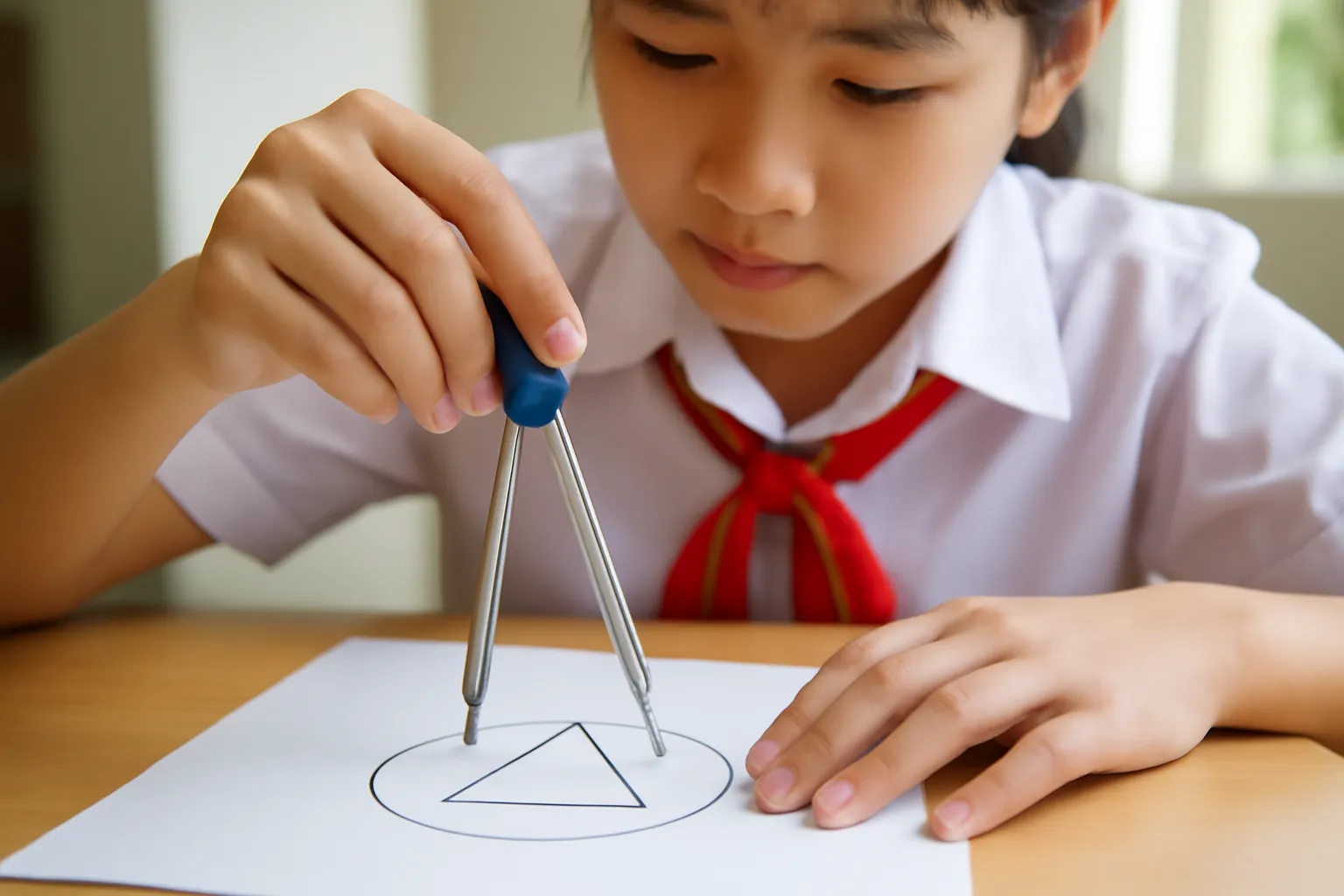 Bàn tay học sinh dùng compa vẽ đường tròn qua tam giác trên giấy