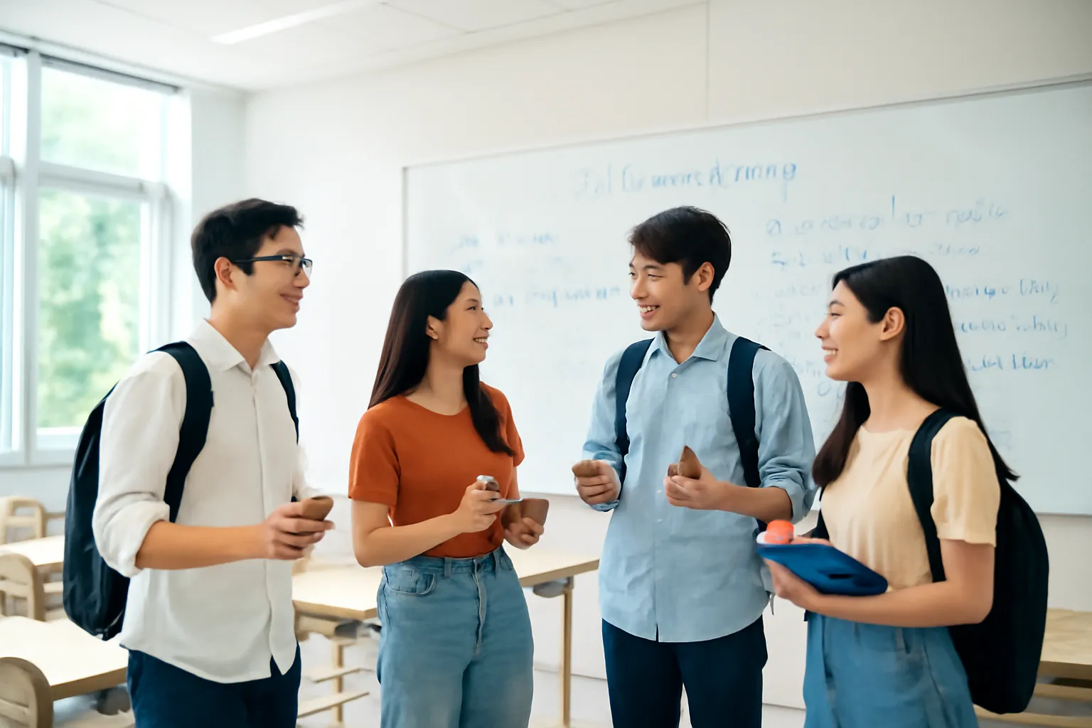 Nhóm sinh viên trao đổi bên bảng đầy công thức trong giảng đường