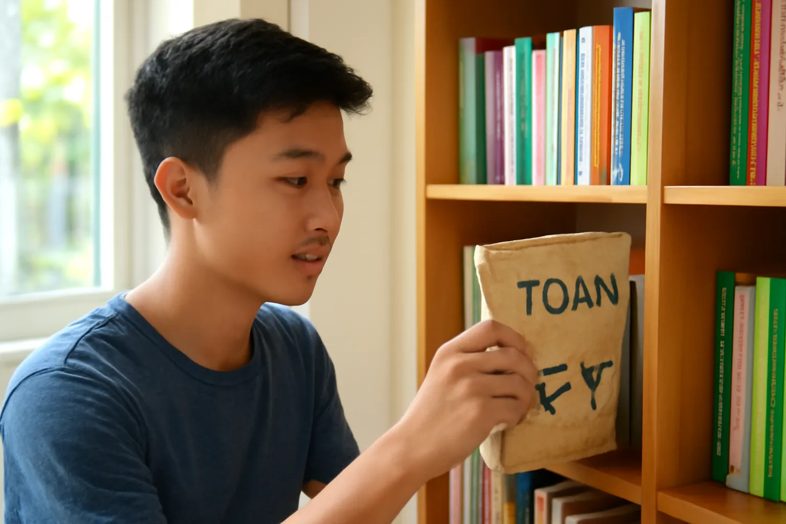 Thiếu niên lật sách giáo khoa toán lớp dưới trên kệ sách gia đình