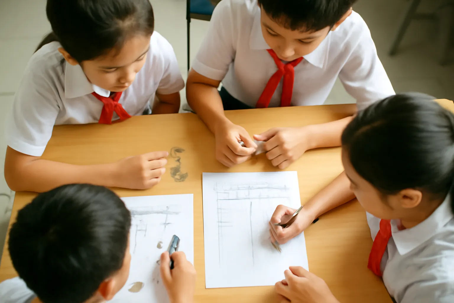 Nhóm học sinh ghi kết quả tung đồng xu vào bảng trên bàn