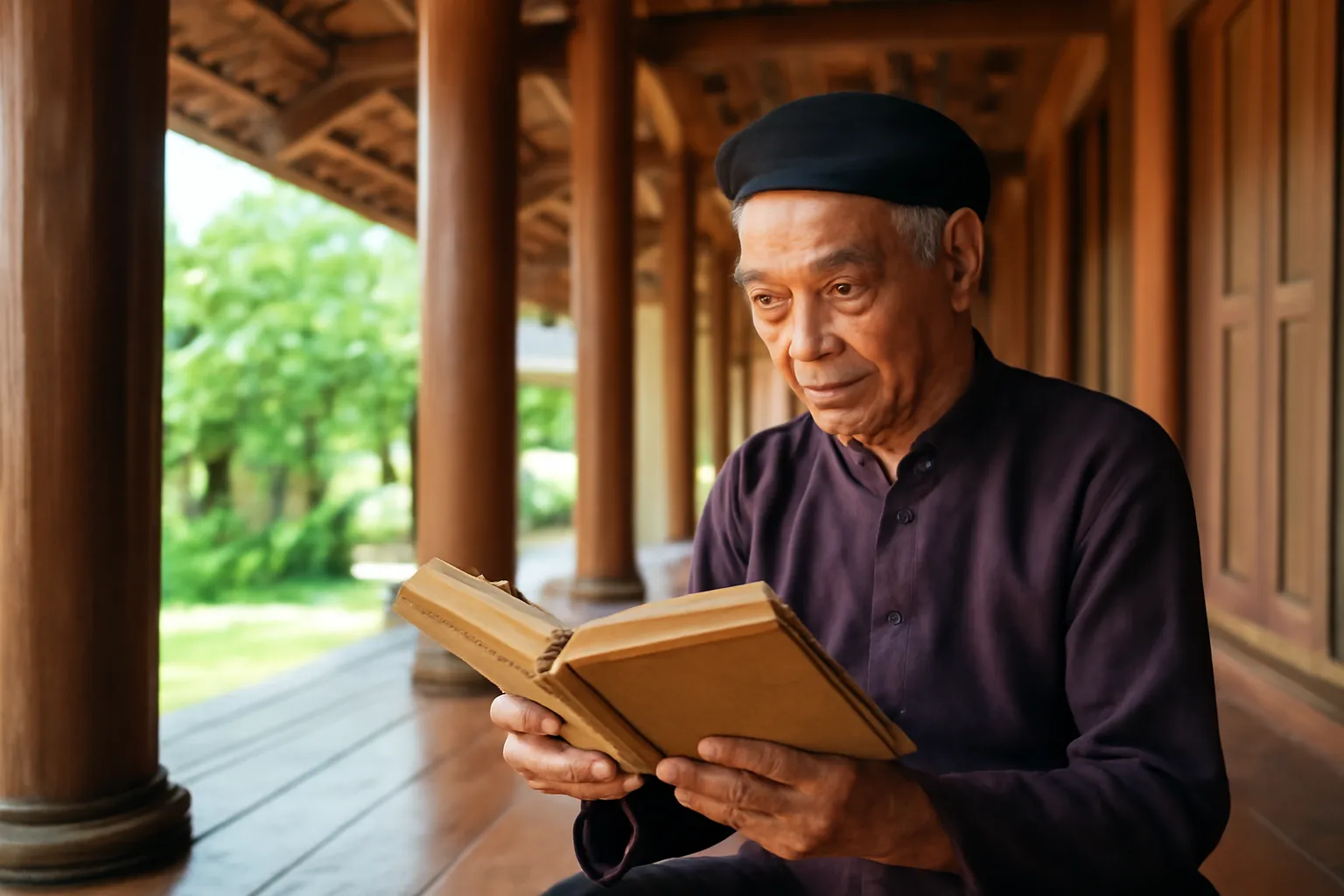 Cụ ông đọc sách cổ trong đình làng bên hiên gỗ