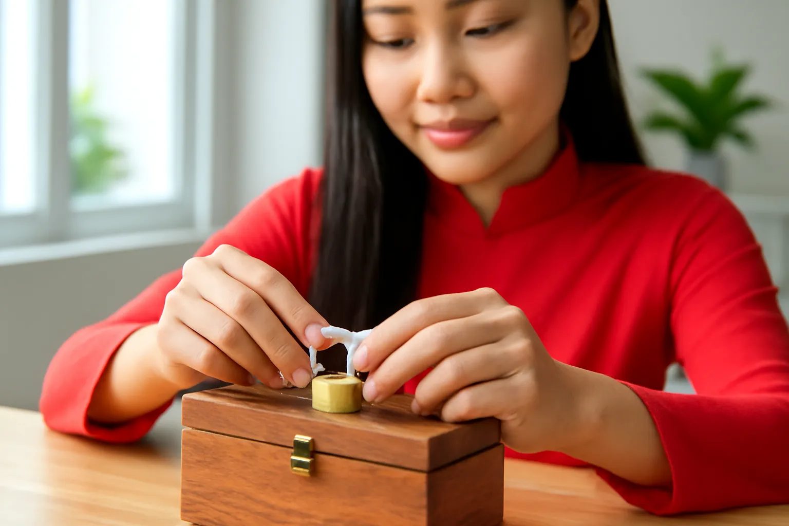 Người phụ nữ bấm khoá chiếc hộp gỗ nhỏ trên bàn