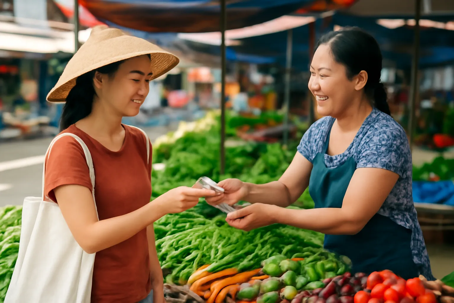 Người phụ nữ trả tiền mua rau ở sạp chợ sáng