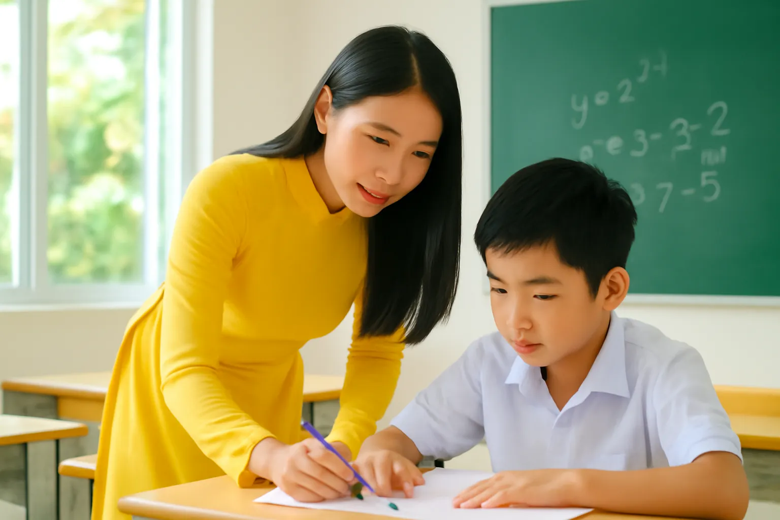 Cô giáo trẻ cúi xuống xem vở học sinh trong lớp học sáng sủa