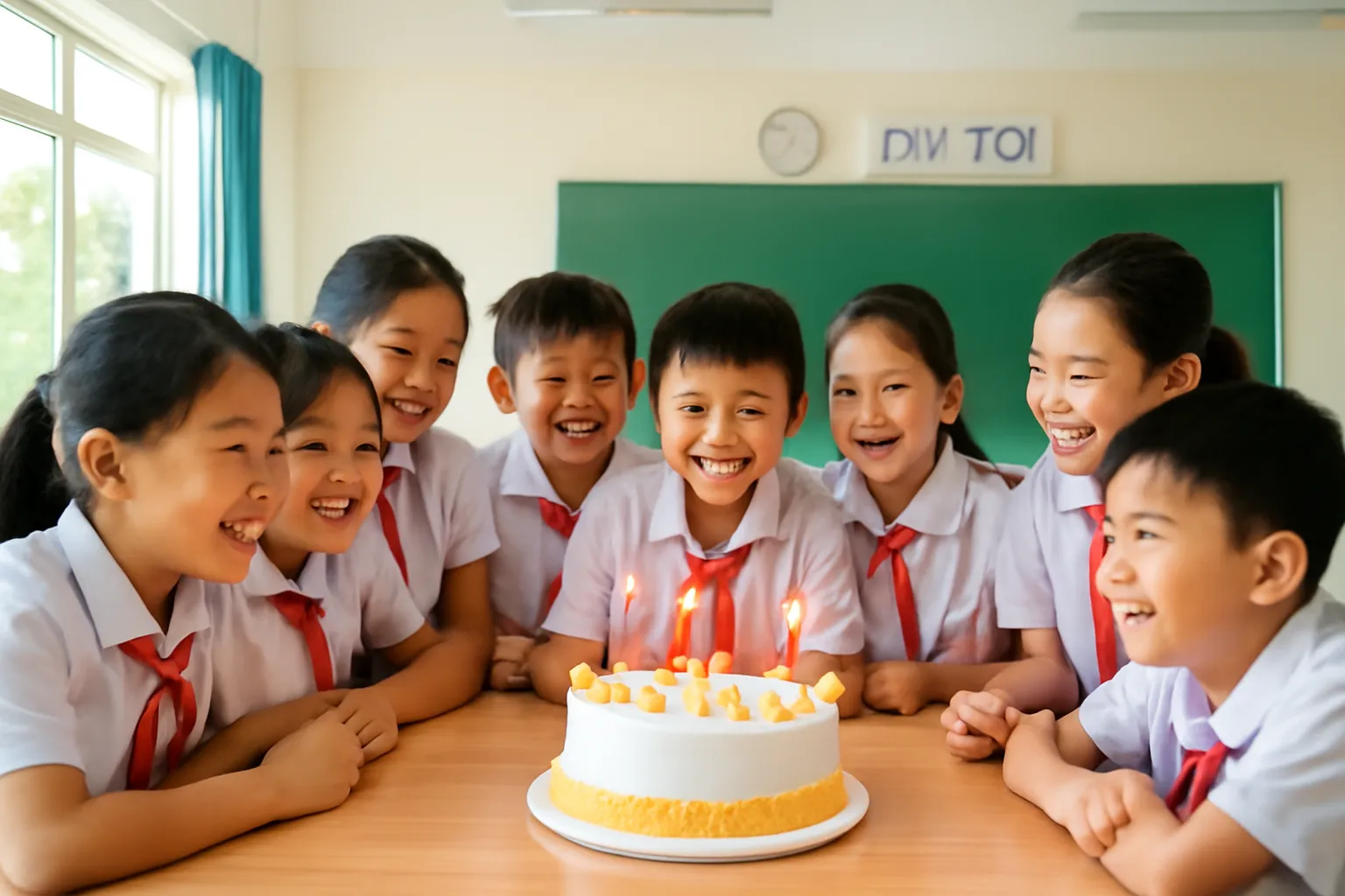 Cả lớp học sinh cắm nến trên bánh sinh nhật chung