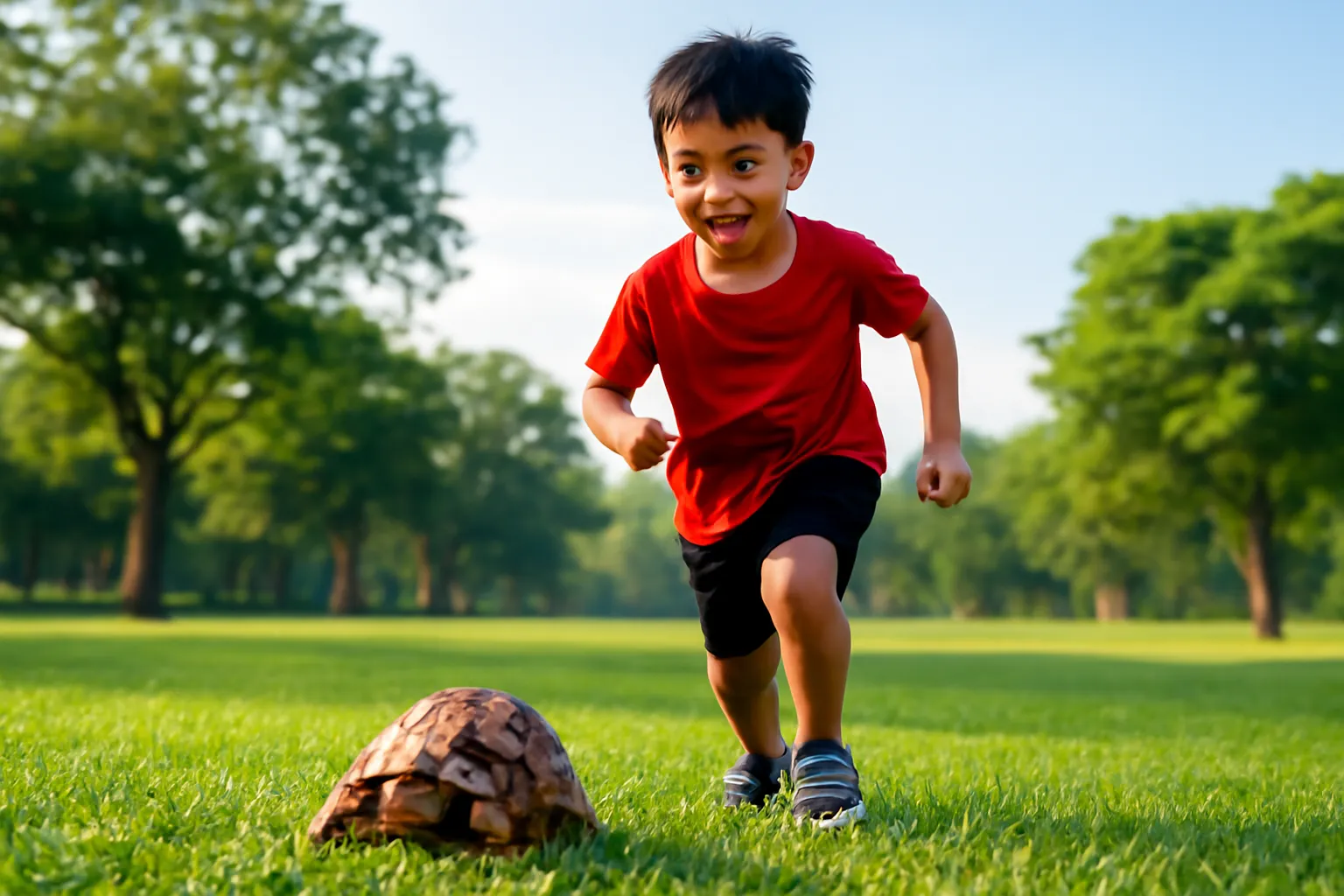 Cậu bé chạy đuổi theo con rùa trên bãi cỏ công viên