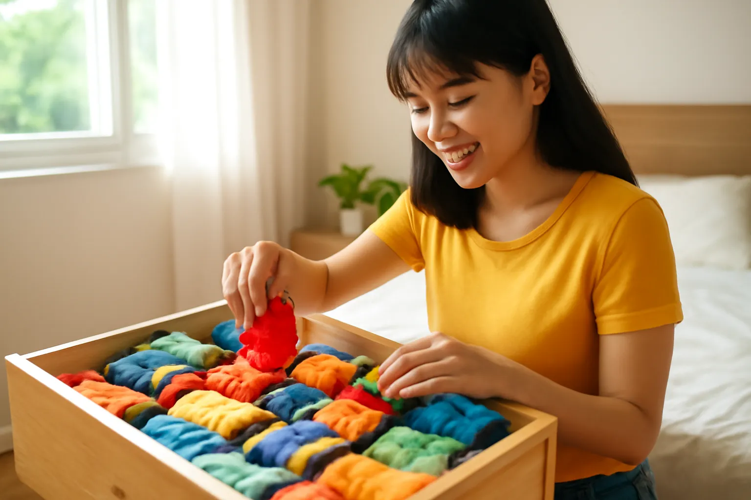 Cô bé xếp tất màu vào ngăn kéo tủ quần áo buổi sáng