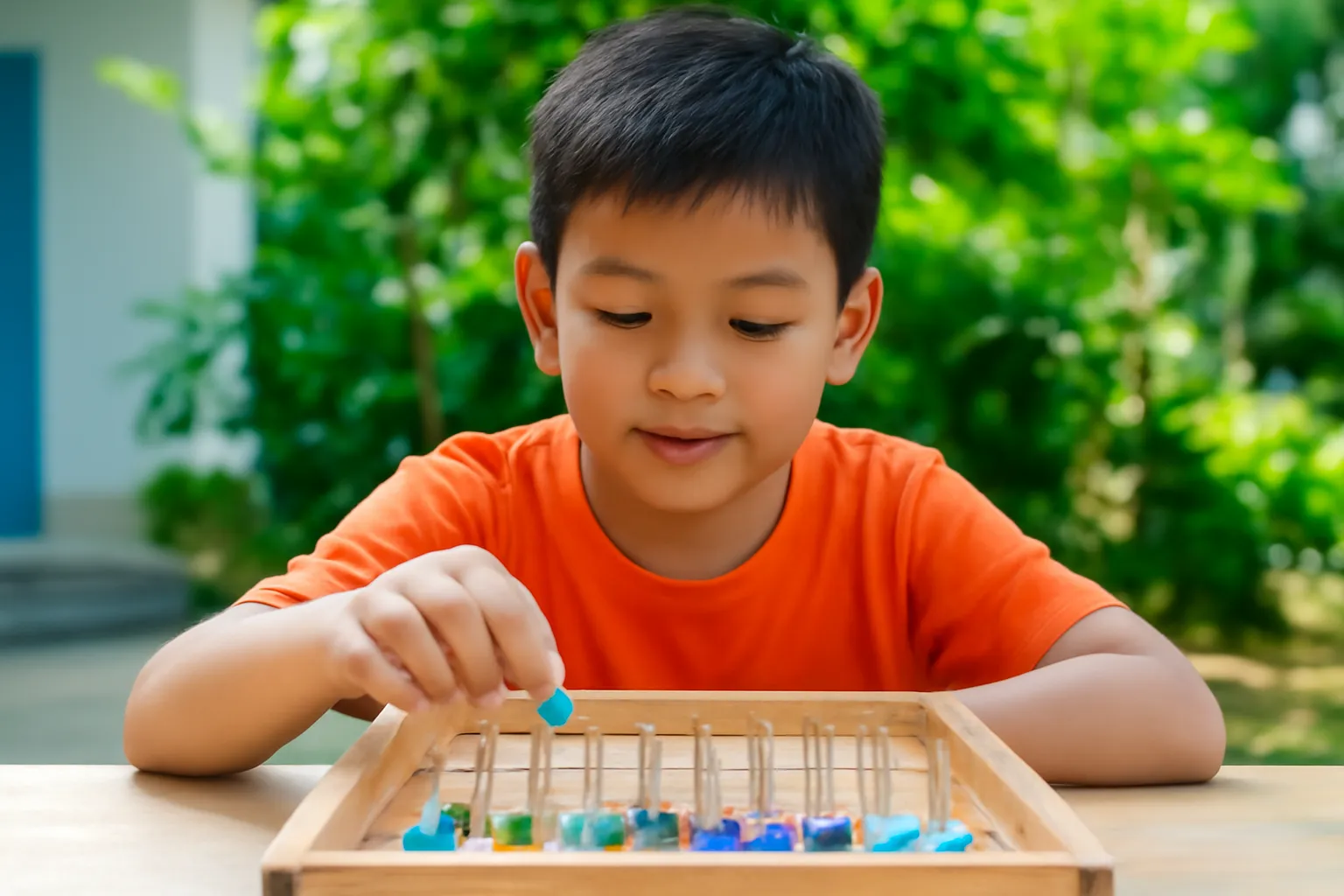 Cậu bé thả bi vào tấm bảng gỗ có hàng đinh tự làm