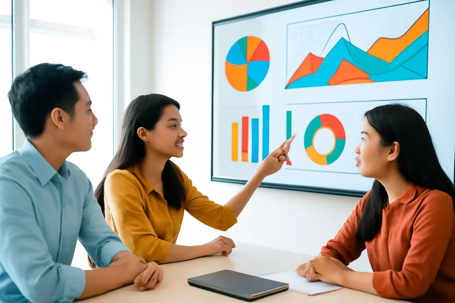 Nhóm đồng nghiệp xem biểu đồ trên màn hình lớn trong phòng họp