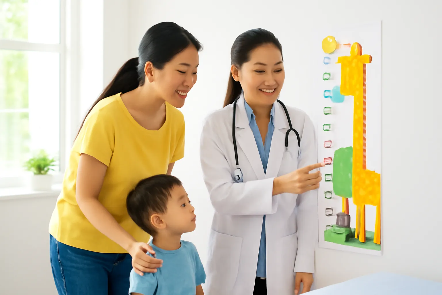 Mẹ và bác sĩ xem biểu đồ chiều cao treo trên tường phòng khám nhi