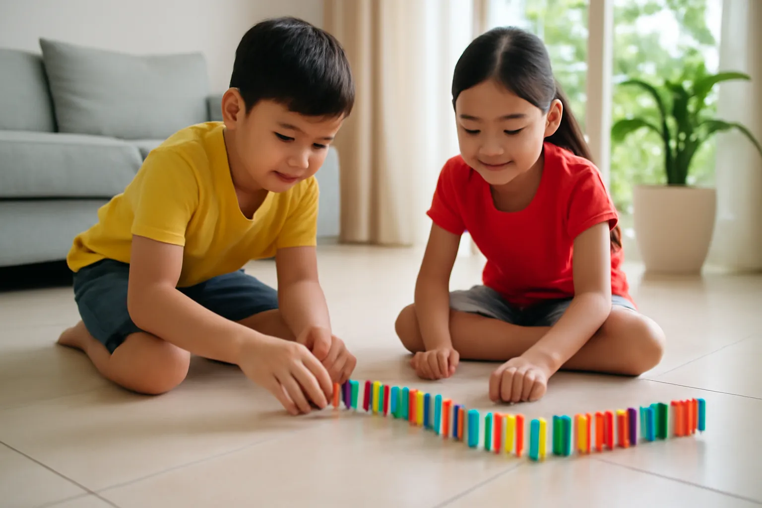 Hai anh em xếp hàng quân domino dài trên sàn gạch phòng khách