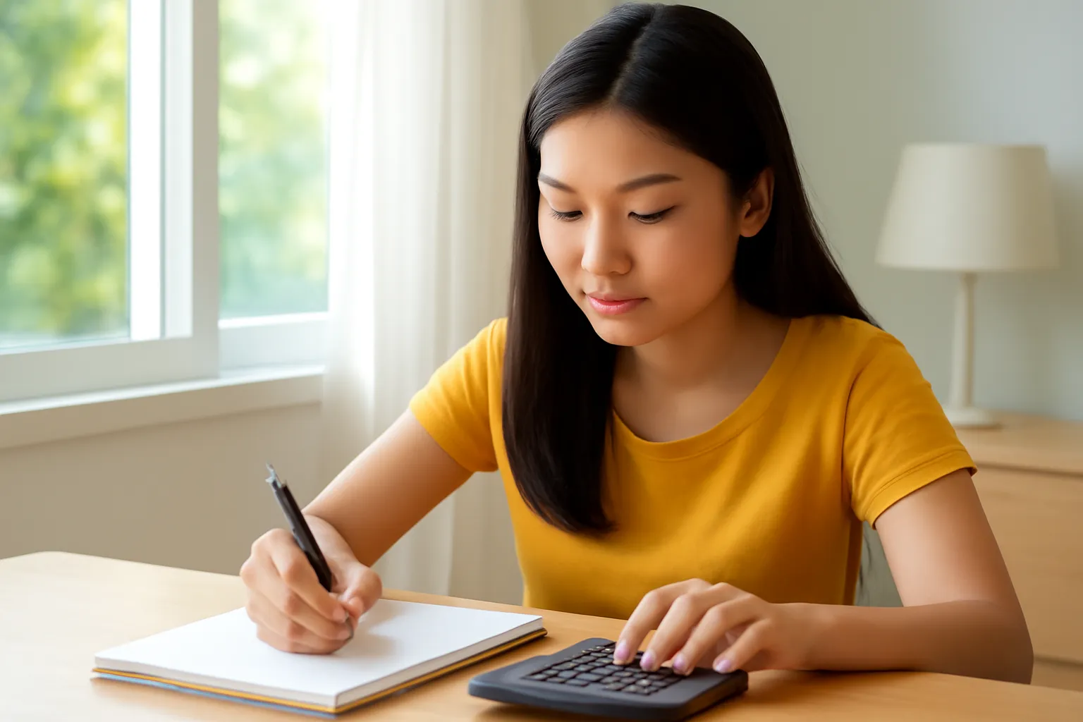 Cô gái trẻ nhẩm tính trên giấy bên ly trà sữa ở bàn làm việc