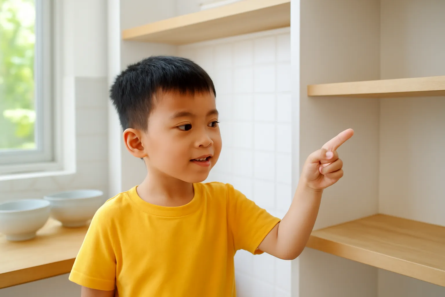 Bé trai đếm những chiếc bát trống trên kệ bếp