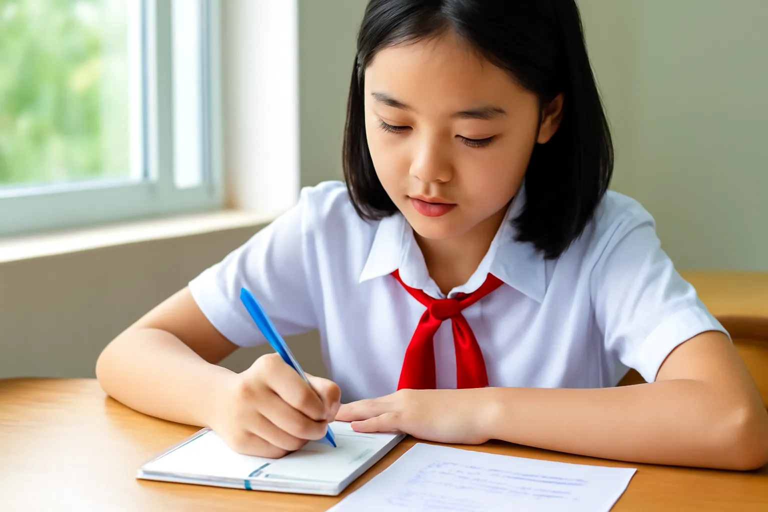 Nữ sinh viết vào cuốn sổ nhỏ bên bài kiểm tra đã chấm