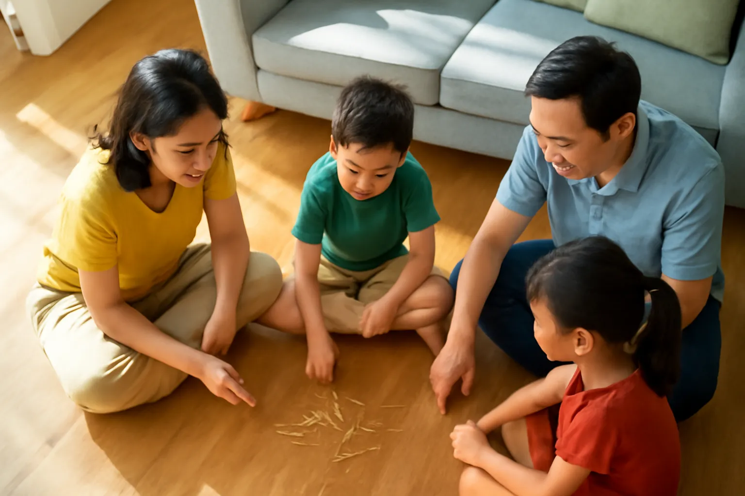 Gia đình thả tăm tre lên sàn gỗ để đếm trong phòng khách