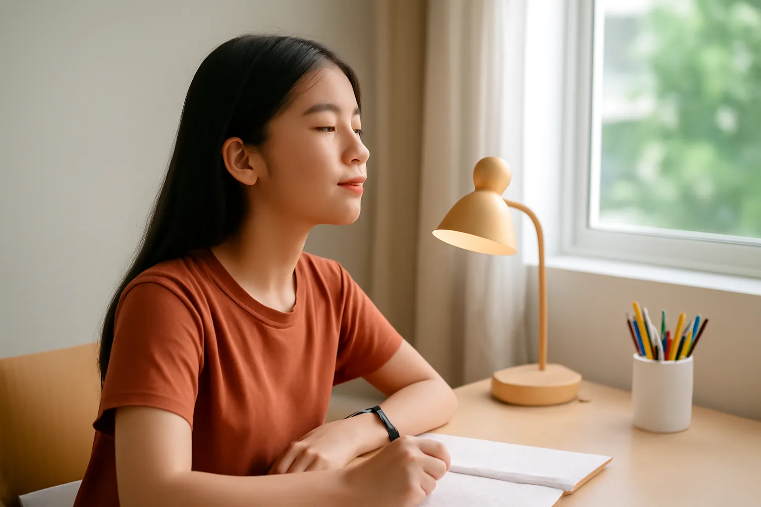 Nữ sinh hít thở sâu trước trang vở toán ở bàn học buổi tối