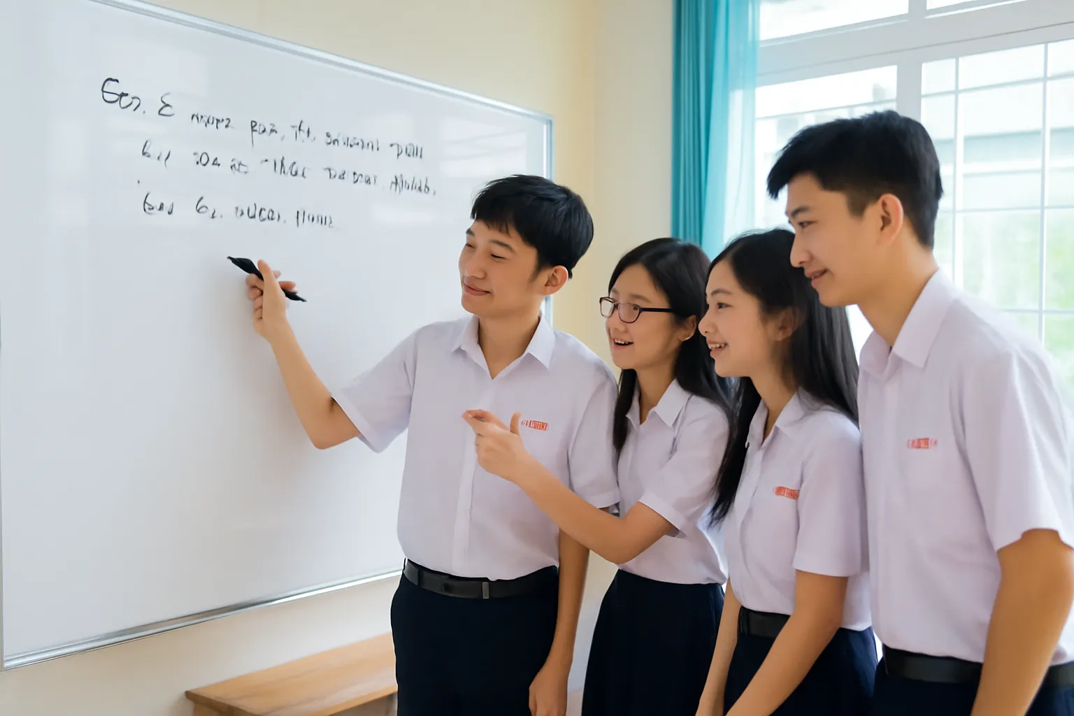 Nhóm học sinh cùng giải bài trên bảng trắng trong phòng học buổi chiều