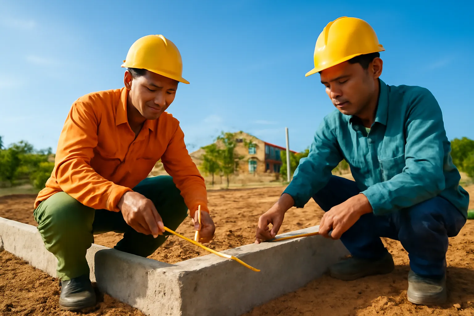 Hai người thợ căng dây đo góc móng nhà trên công trình