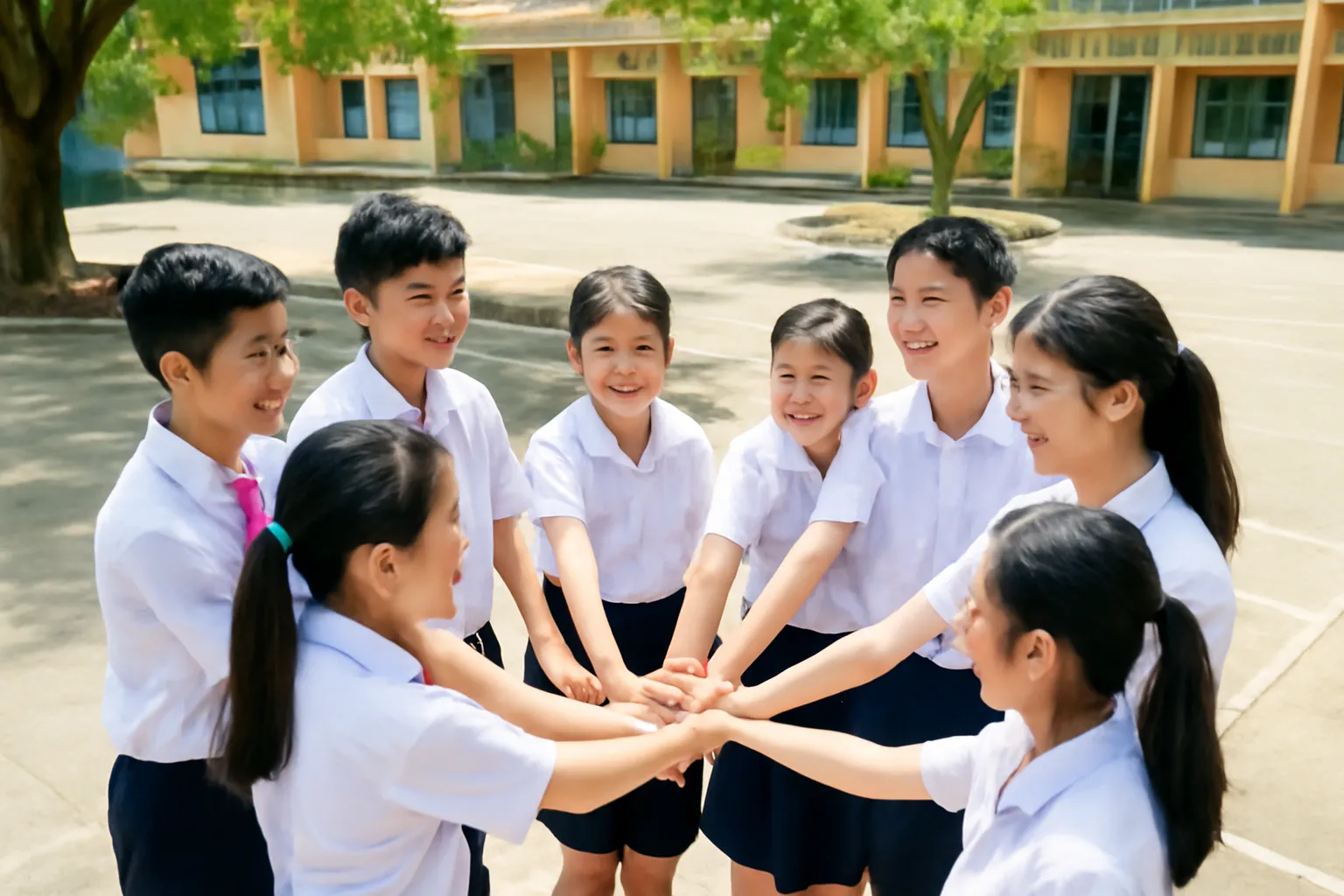 Nhóm học sinh bắt tay nhau trong sân trường giờ ra chơi