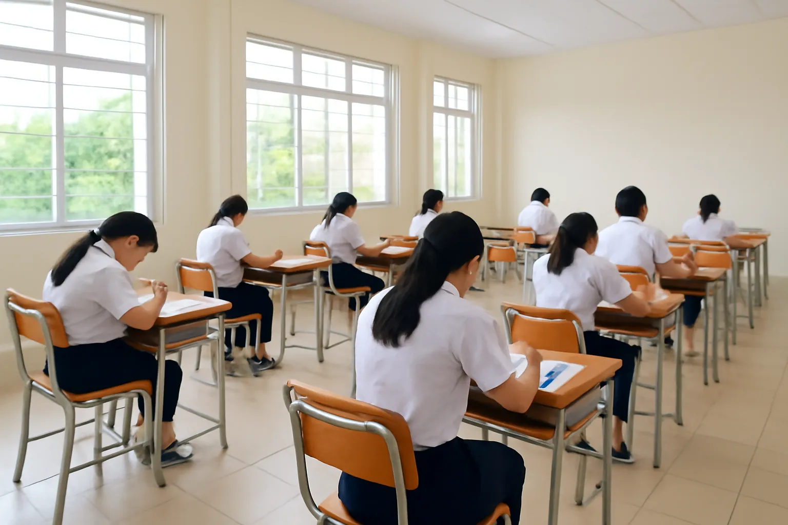 Thí sinh cúi viết bài thi trong phòng thi yên tĩnh