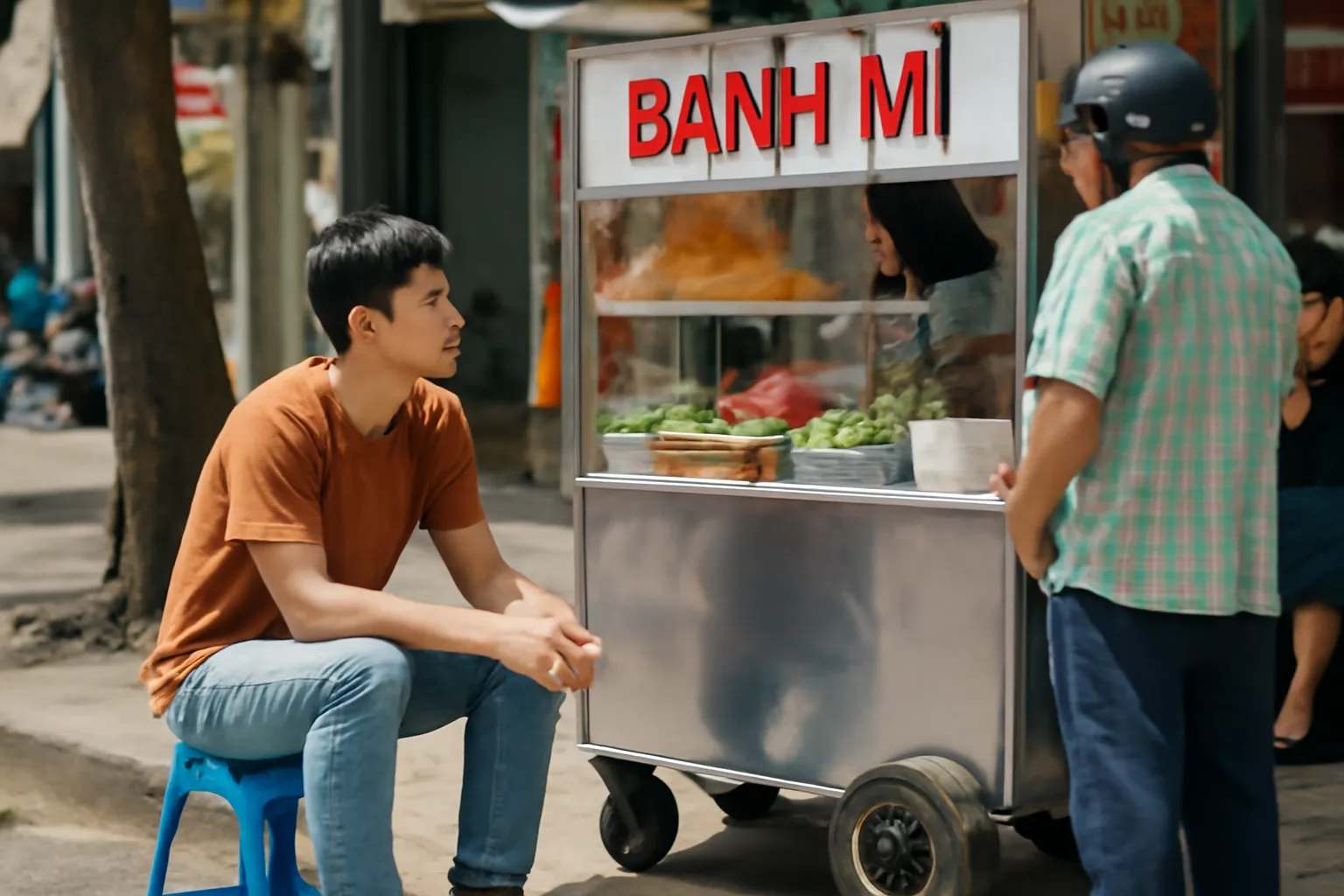 Chàng trai ngồi ghế nhựa nhìn dòng người mua bánh mì ở góc phố