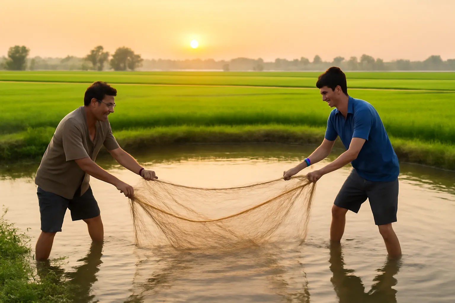 Hai cha con kéo lưới bắt cá ở ao nhà buổi sáng sớm