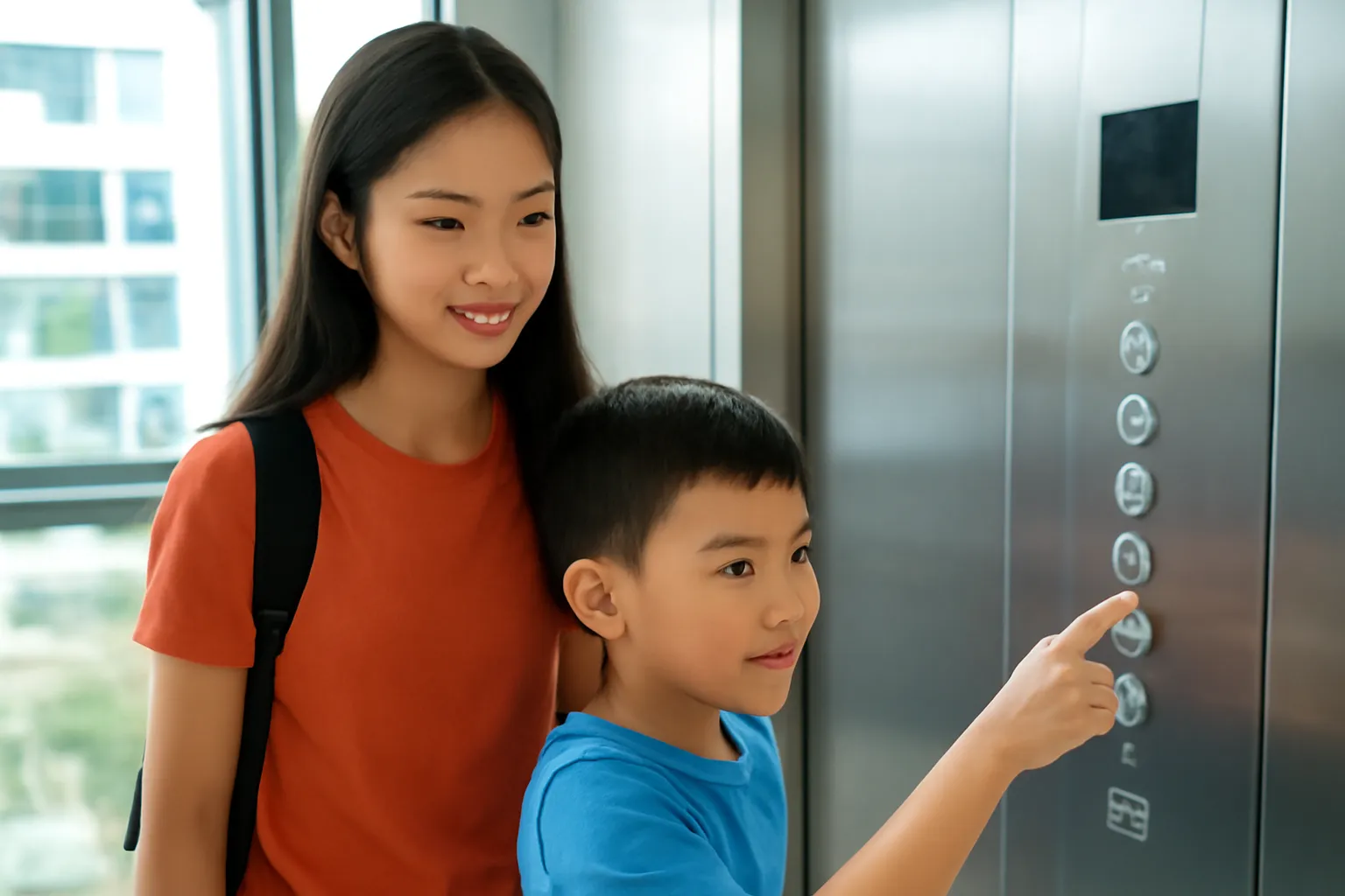 Hai chị em đứng trong thang máy nhìn bảng nút tầng hầm