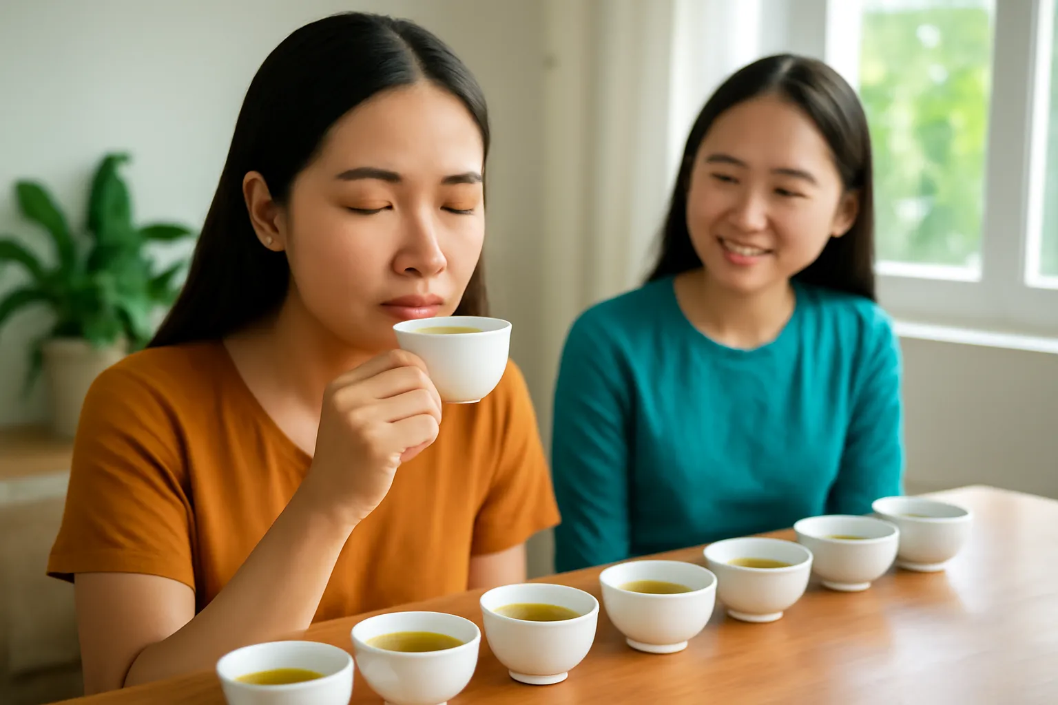 Người phụ nữ nhắm mắt nếm từng tách trà xếp hàng trên bàn